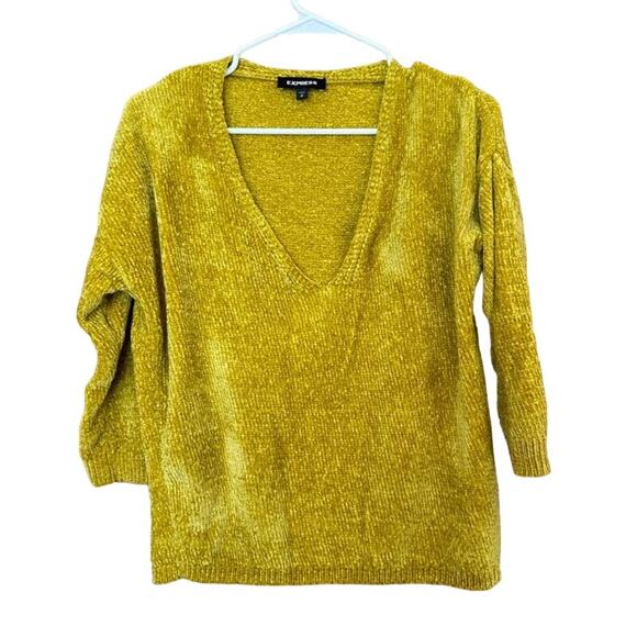 Express Women's Gold Mustard Chenille V-Neck 3/4 Sleeve Knit Pullover Sweater SP - Picture 1 of 9